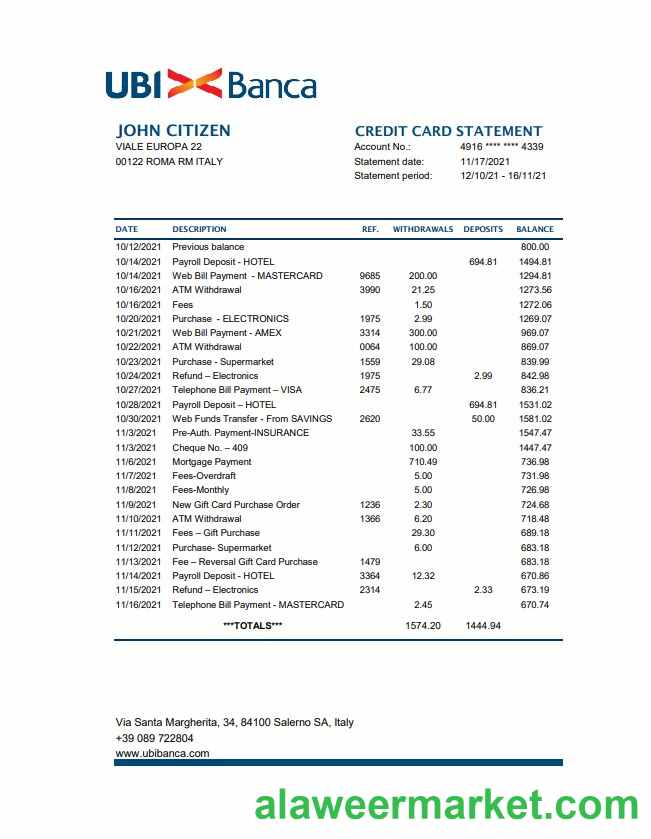 Italy UBI BANCA bank statement easy to fill template in Excel and PDF format